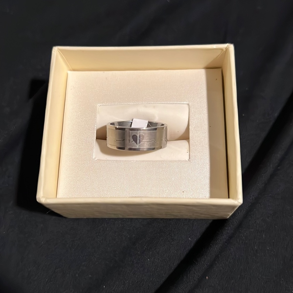 STAINLESS STEEL BRUSHED SILVER HEARTBEAT RING SIZE 17 = US size 6